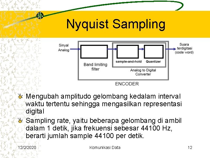 Nyquist Sampling Mengubah amplitudo gelombang kedalam interval waktu tertentu sehingga mengasilkan representasi digital Sampling