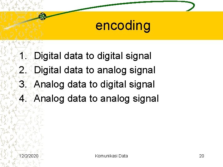 encoding 1. 2. 3. 4. Digital data to digital signal Digital data to analog