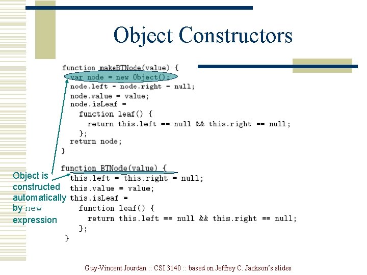 Object Constructors Object is constructed automatically by new expression Guy-Vincent Jourdan : : CSI Object Constructors Object is constructed automatically by new expression Guy-Vincent Jourdan : : CSI