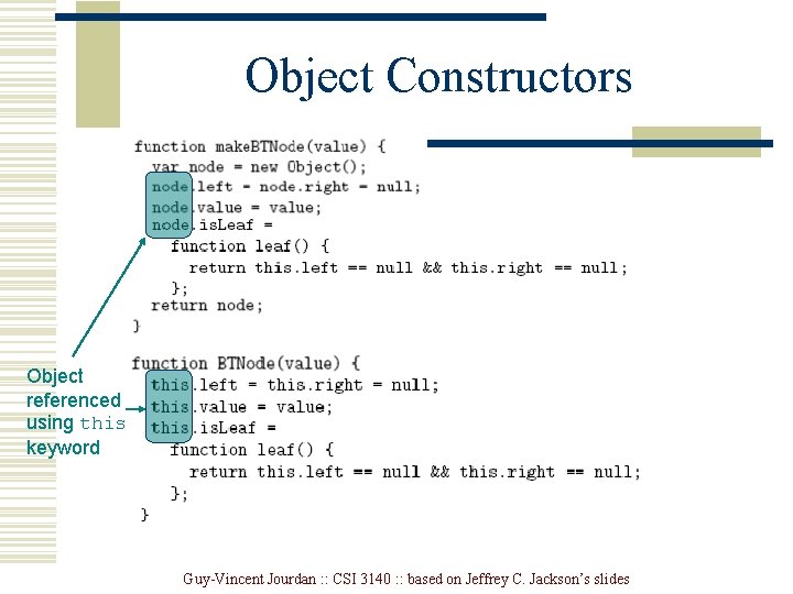 Object Constructors Object referenced using this keyword Guy-Vincent Jourdan : : CSI 3140 : Object Constructors Object referenced using this keyword Guy-Vincent Jourdan : : CSI 3140 :