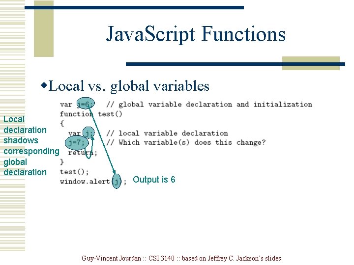 Java. Script Functions w. Local vs. global variables Local declaration shadows corresponding global declaration Java. Script Functions w. Local vs. global variables Local declaration shadows corresponding global declaration
