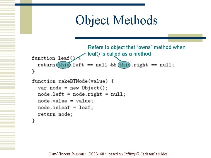Object Methods Refers to object that “owns” method when leaf() is called as a Object Methods Refers to object that “owns” method when leaf() is called as a
