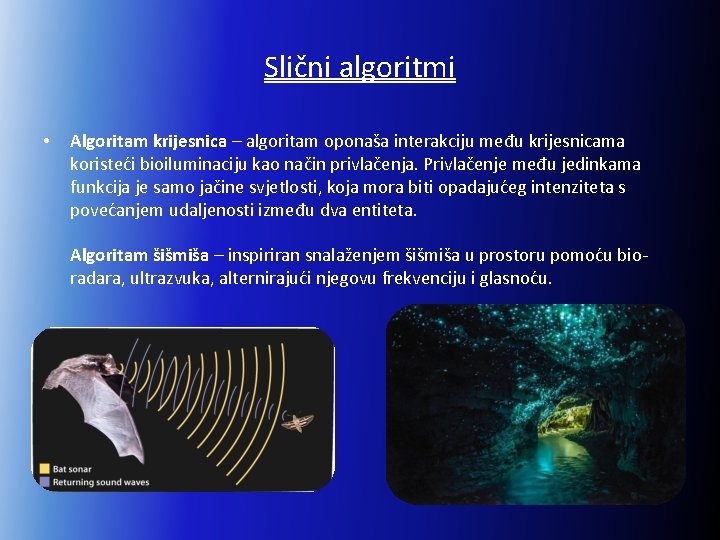 Slični algoritmi • Algoritam krijesnica – algoritam oponaša interakciju među krijesnicama koristeći bioiluminaciju kao