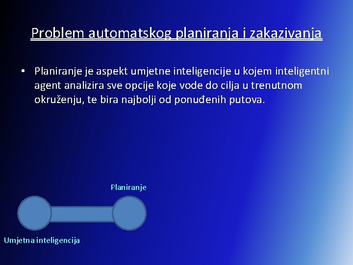Problem automatskog planiranja i zakazivanja • Planiranje je aspekt umjetne inteligencije u kojem inteligentni