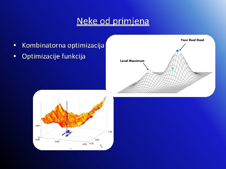 Neke od primjena • Kombinatorna optimizacija • Optimizacije funkcija 