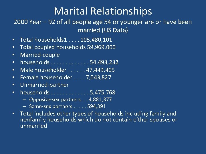 Marital Relationships 2000 Year – 92 of all people age 54 or younger are