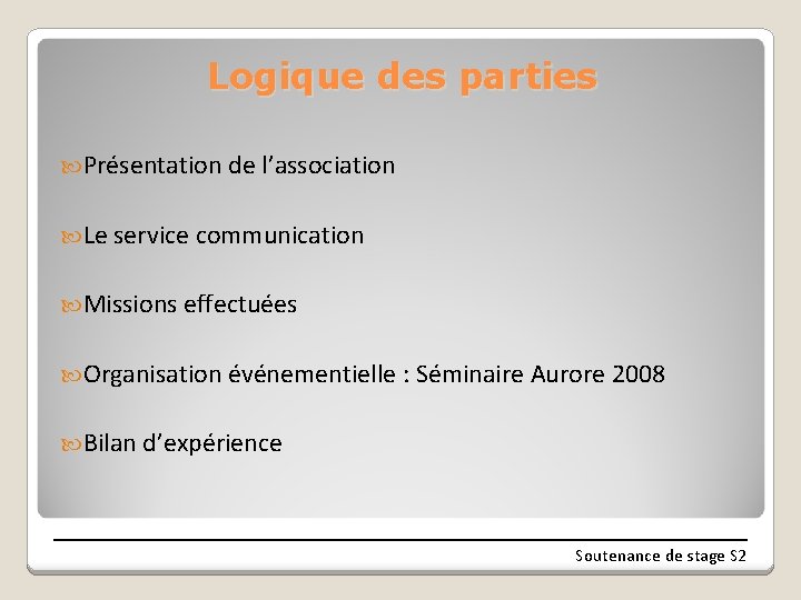 Logique des parties Présentation de l’association Le service communication Missions effectuées Organisation événementielle :