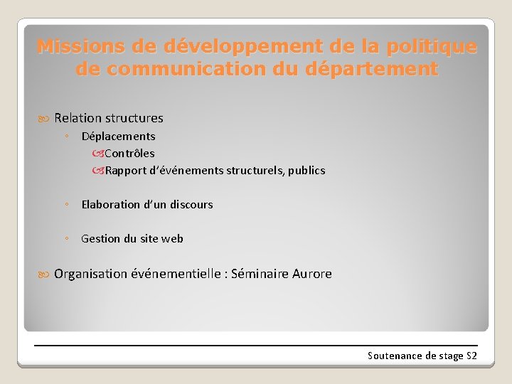 Missions de développement de la politique de communication du département Relation structures ◦ Déplacements