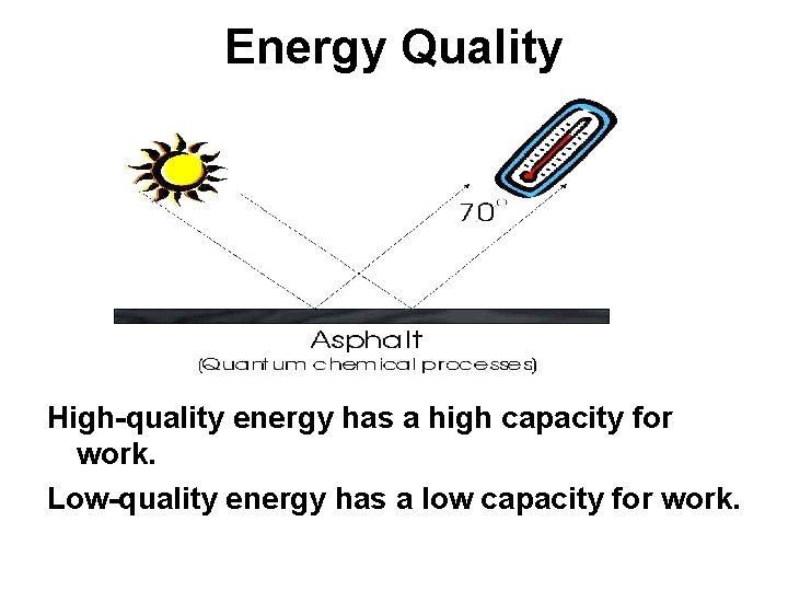 Energy Quality High-quality energy has a high capacity for work. Low-quality energy has a