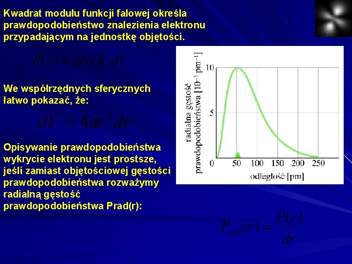 Kwadrat modułu funkcji falowej określa prawdopodobieństwo znalezienia elektronu przypadającym na jednostkę objętości. We współrzędnych Kwadrat modułu funkcji falowej określa prawdopodobieństwo znalezienia elektronu przypadającym na jednostkę objętości. We współrzędnych