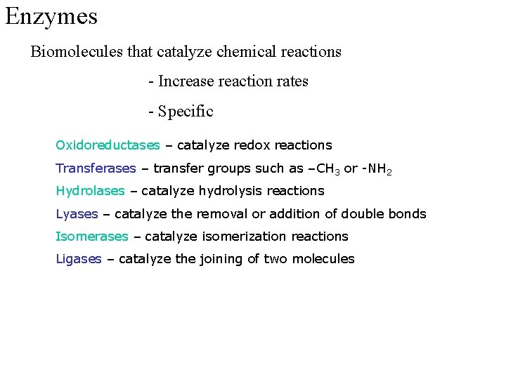 Enzymes Biomolecules that catalyze chemical reactions - Increase reaction rates - Specific Oxidoreductases –