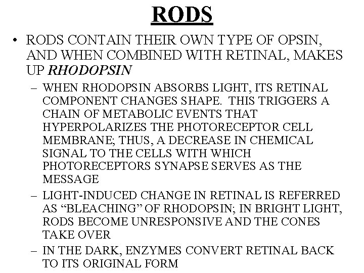 RODS • RODS CONTAIN THEIR OWN TYPE OF OPSIN, AND WHEN COMBINED WITH RETINAL,