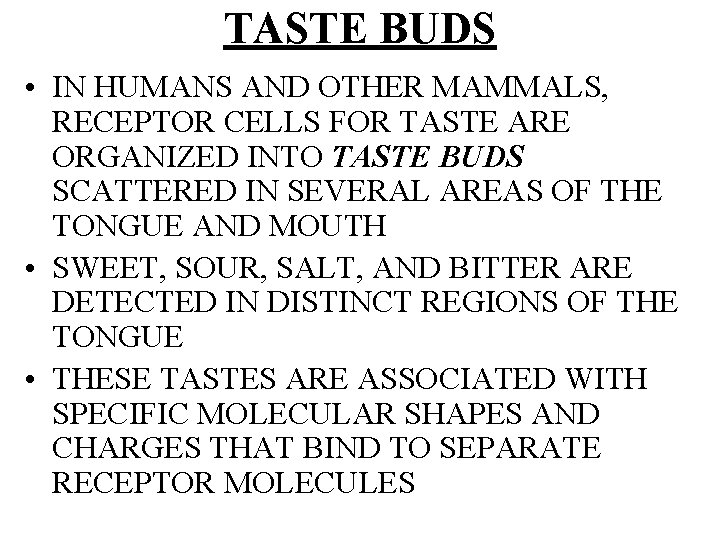 TASTE BUDS • IN HUMANS AND OTHER MAMMALS, RECEPTOR CELLS FOR TASTE ARE ORGANIZED