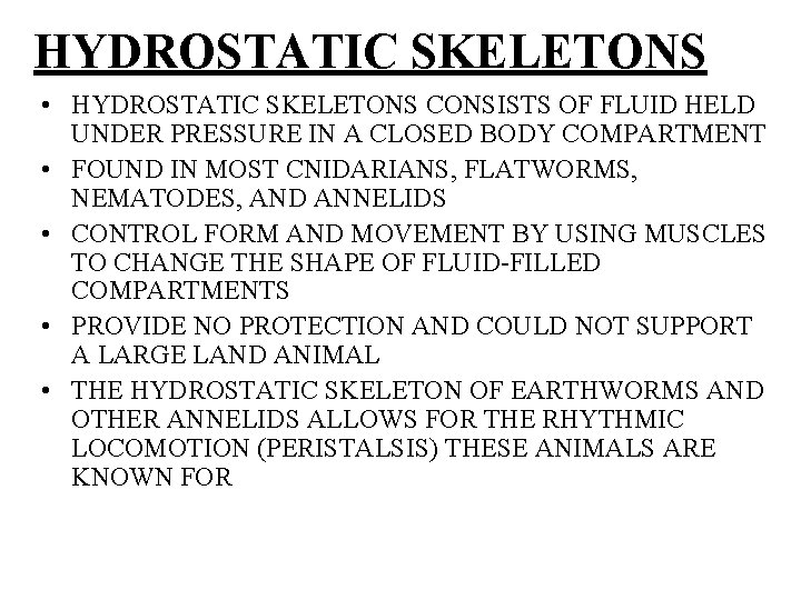 HYDROSTATIC SKELETONS • HYDROSTATIC SKELETONS CONSISTS OF FLUID HELD UNDER PRESSURE IN A CLOSED