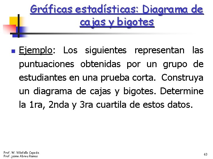 Gráficas estadísticas: Diagrama de cajas y bigotes n Ejemplo: Los siguientes representan las puntuaciones