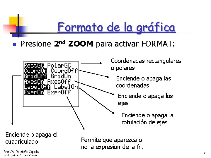 Formato de la gráfica n Presione 2 nd ZOOM para activar FORMAT: Coordenadas rectangulares