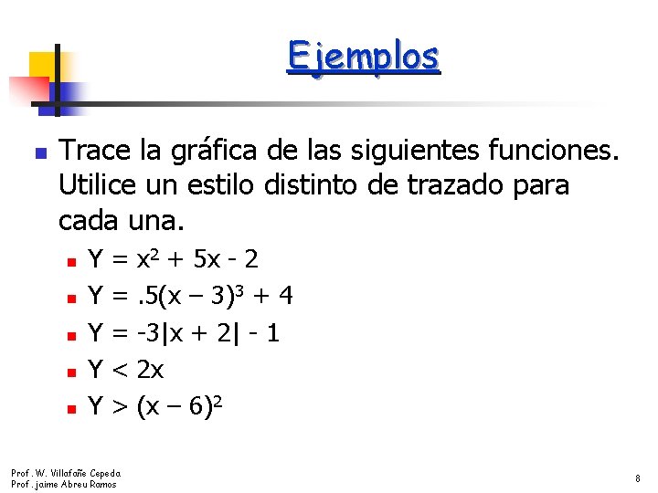 Ejemplos n Trace la gráfica de las siguientes funciones. Utilice un estilo distinto de