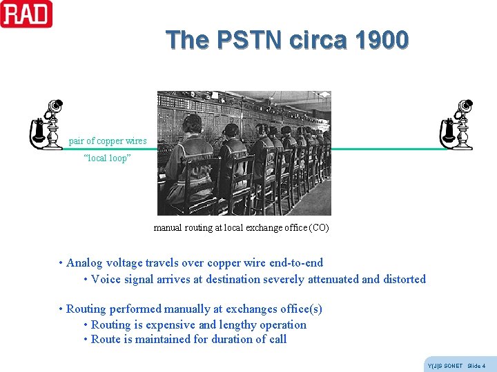 The PSTN circa 1900 pair of copper wires “local loop” manual routing at local The PSTN circa 1900 pair of copper wires “local loop” manual routing at local
