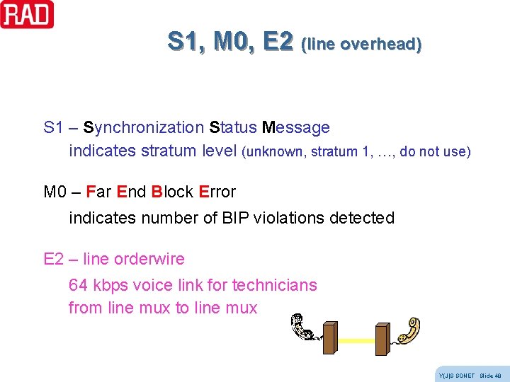 S 1, M 0, E 2 (line overhead) S 1 – Synchronization Status Message S 1, M 0, E 2 (line overhead) S 1 – Synchronization Status Message