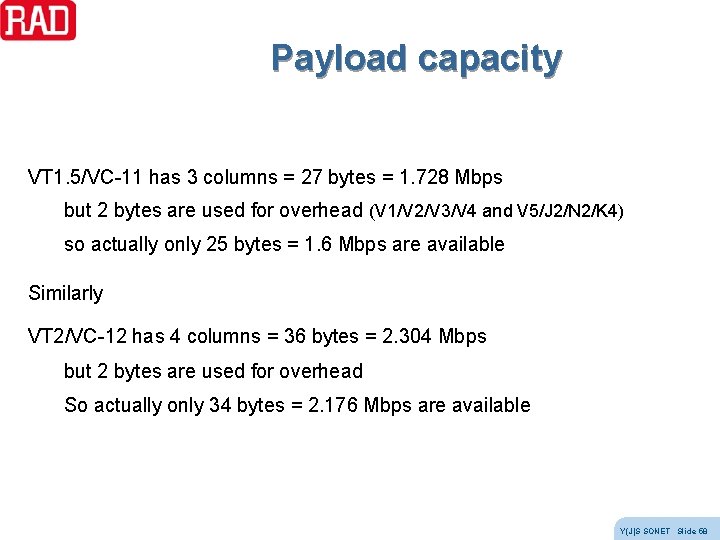 Payload capacity VT 1. 5/VC-11 has 3 columns = 27 bytes = 1. 728 Payload capacity VT 1. 5/VC-11 has 3 columns = 27 bytes = 1. 728
