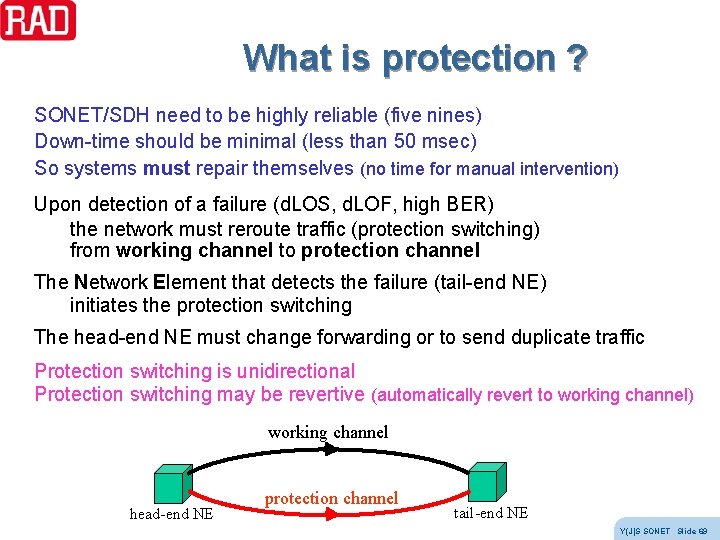 What is protection ? SONET/SDH need to be highly reliable (five nines) Down-time should What is protection ? SONET/SDH need to be highly reliable (five nines) Down-time should