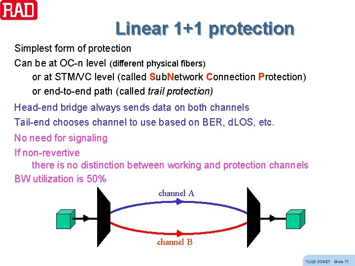 Linear 1+1 protection Simplest form of protection Can be at OC-n level (different physical Linear 1+1 protection Simplest form of protection Can be at OC-n level (different physical