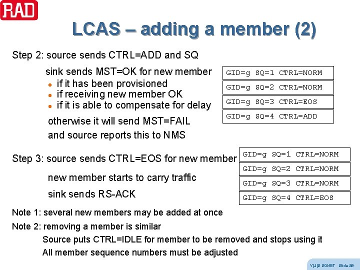 LCAS – adding a member (2) Step 2: source sends CTRL=ADD and SQ sink LCAS – adding a member (2) Step 2: source sends CTRL=ADD and SQ sink