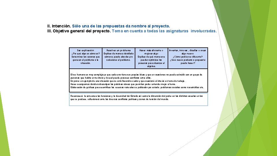 II. Intención. Sólo una de las propuestas da nombre al proyecto. III. Objetivo general