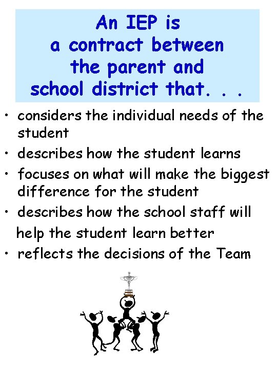 An IEP is a contract between the parent and school district that. . .