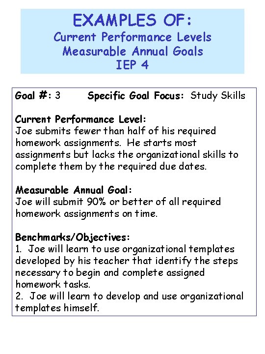 EXAMPLES OF: Current Performance Levels Measurable Annual Goals IEP 4 Goal #: 3 Specific