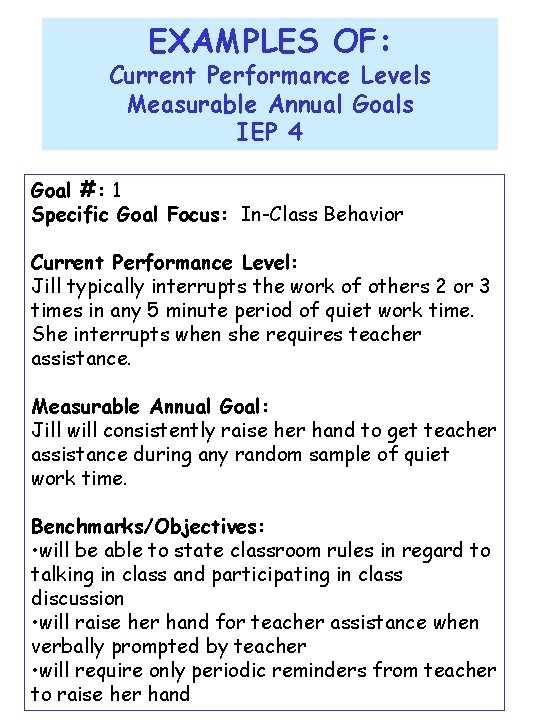 EXAMPLES OF: Current Performance Levels Measurable Annual Goals IEP 4 Goal #: 1 Specific