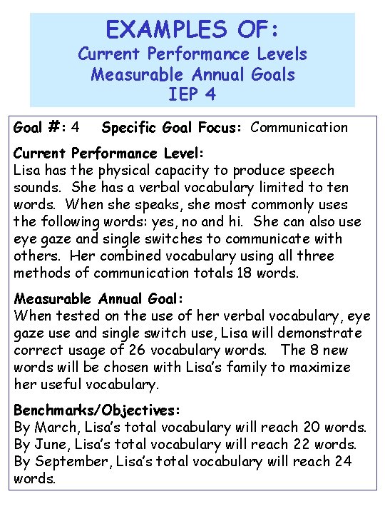 EXAMPLES OF: Current Performance Levels Measurable Annual Goals IEP 4 Goal #: 4 Specific