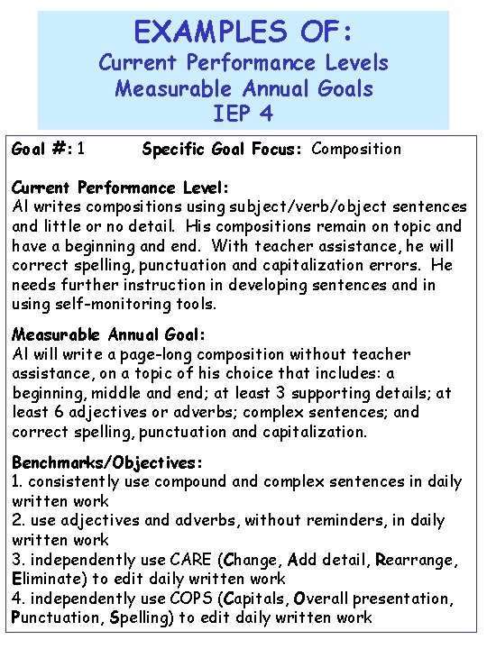 EXAMPLES OF: Current Performance Levels Measurable Annual Goals IEP 4 Goal #: 1 Specific