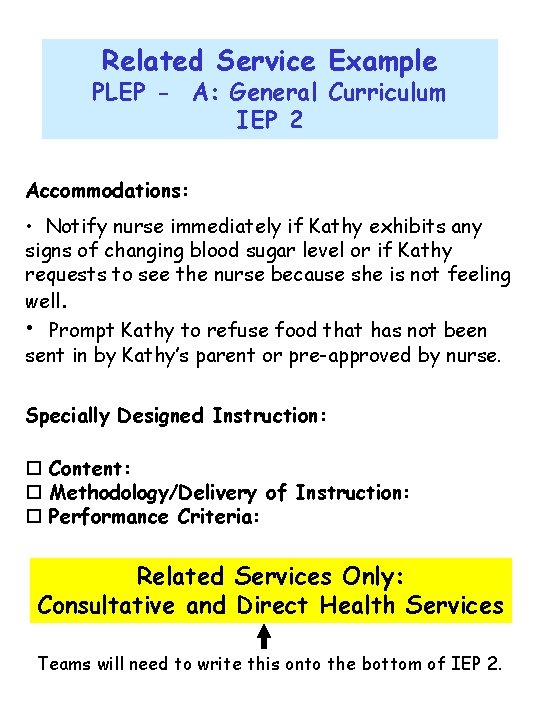 Related Service Example PLEP - A: General Curriculum IEP 2 Accommodations: • Notify nurse
