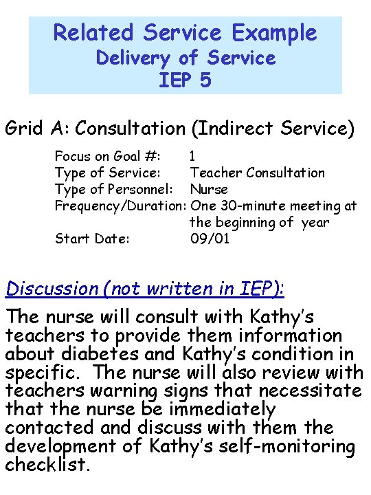 Related Service Example Delivery of Service IEP 5 Grid A: Consultation (Indirect Service) Focus