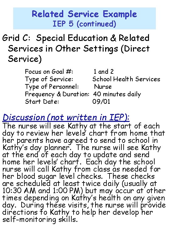 Related Service Example IEP 5 (continued) Grid C: Special Education & Related Services in