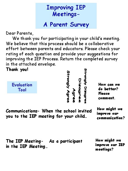 Improving IEP Meetings. A Parent Survey Dear Parents, We thank you for participating in