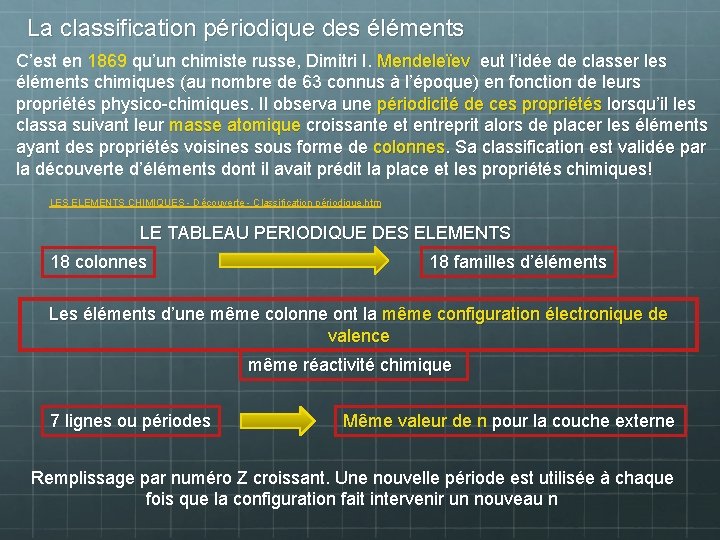 La classification périodique des éléments C’est en 1869 qu’un chimiste russe, Dimitri I. Mendeleïev