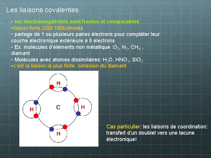 Les liaisons covalentes • les électronégativités sont hautes et comparables • liaison forte (200