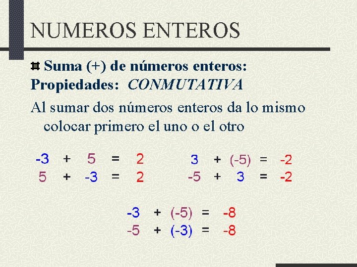 NUMEROS ENTEROS Suma (+) de números enteros: Propiedades: CONMUTATIVA Al sumar dos números enteros