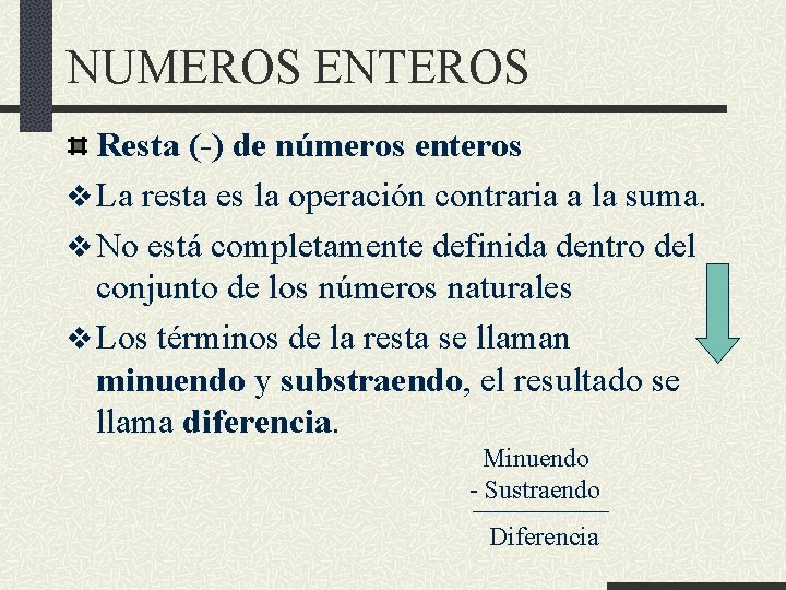 NUMEROS ENTEROS Resta (-) de números enteros v La resta es la operación contraria