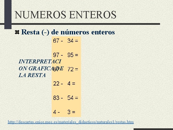 NUMEROS ENTEROS Resta (-) de números enteros INTERPRETACI ON GRAFICA DE LA RESTA http: