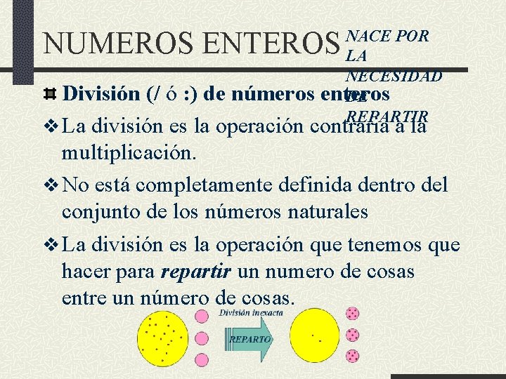 NUMEROS ENTEROS NACE POR LA NECESIDAD enteros DE REPARTIR División (/ ó : )