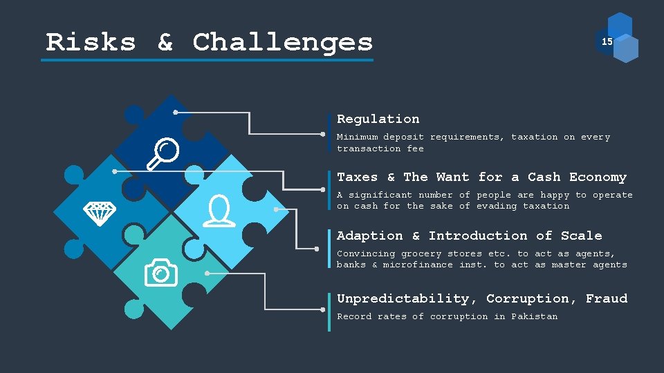 Risks & Challenges 15 Regulation Minimum deposit requirements, taxation on every transaction fee Taxes