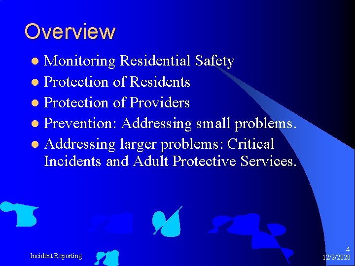 Overview Monitoring Residential Safety l Protection of Residents l Protection of Providers l Prevention: