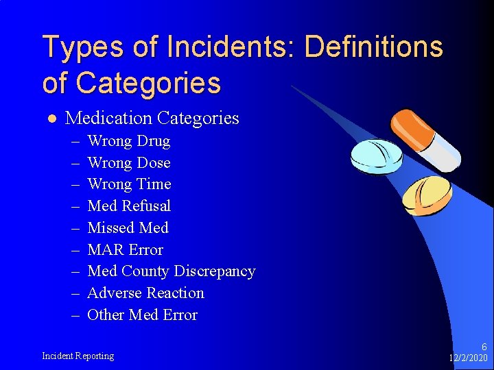 Types of Incidents: Definitions of Categories l Medication Categories – – – – –