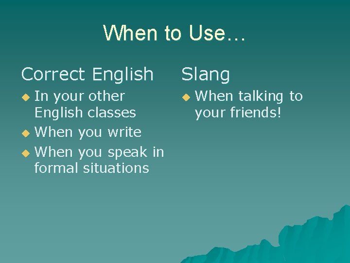 When to Use… Correct English In your other English classes u When you write