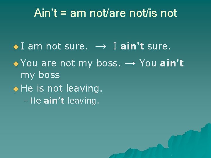 Ain’t = am not/are not/is not u. I am not sure. → u You