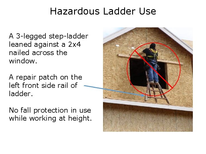 Hazardous Ladder Use A 3 -legged step-ladder leaned against a 2 x 4 nailed