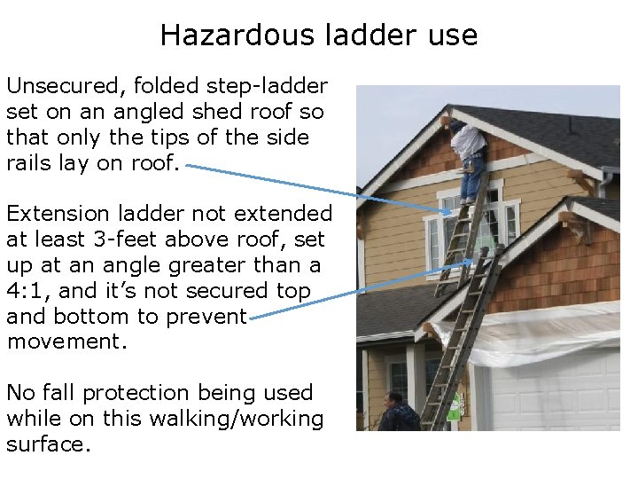 Hazardous ladder use Unsecured, folded step-ladder set on an angled shed roof so that